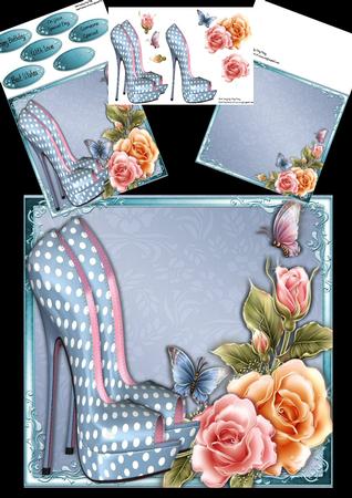 Beautiful Aqua Polka Dot Shoes with Glow Roses 8x8 Mini Kit
