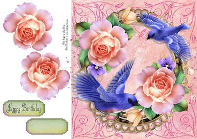 Beautiful Peach Rose's & Blue Birds 8x8