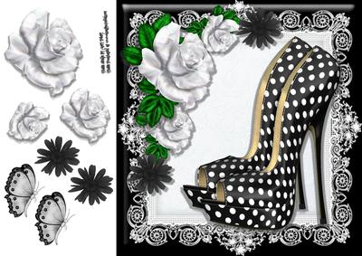 Beautiful Black & White Polka Dot Shoes with Flowers 8x8