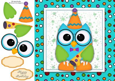 Adorable Blue Owl with Party Hat 8x8