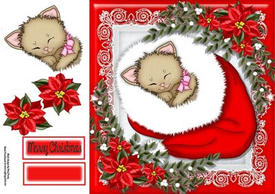 Snuggled Up Cat in Santa Hat 8x8