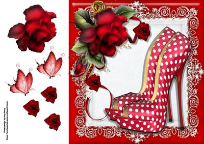 Beautiful Red Polka Dot Shoe with Red Roses 8x8