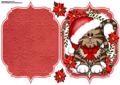 Cute Christmas Cat with Poinsetta's 8x8