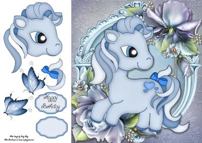 Adorable Pony with Blue Roses 8x8