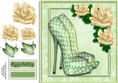 Beautiful Green Polka Dot Shoe with Cream Rose 8x8
