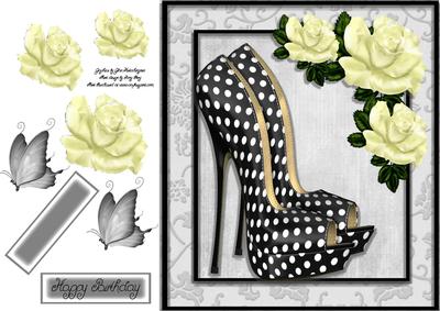 Beautiful Black Polka Dot Shoe with Cream Rose 8x8