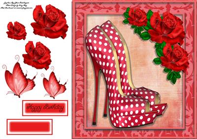 Beautiful Red Polka Dot Shoe with Red Rose 8x8