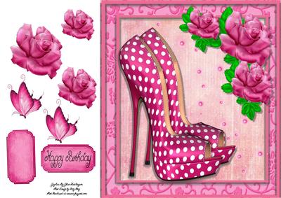 Beautiful Pink Polka Dot Shoe with Pink Rose 8x8