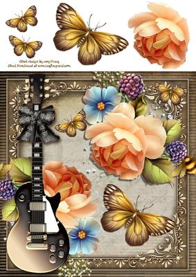Beautiful Brown Guitar with Peach Flower 8x8