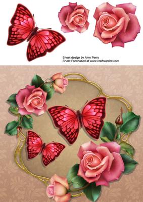 Beautiful Pink Roses & Butterflies 8x8