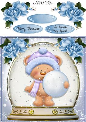 Teddy Bear Snow Globe with Snowball Blue 8x8