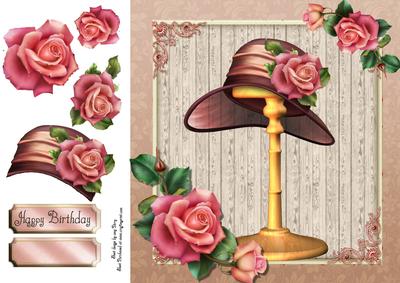 Beautiful Hat with Pink Rose 8x8
