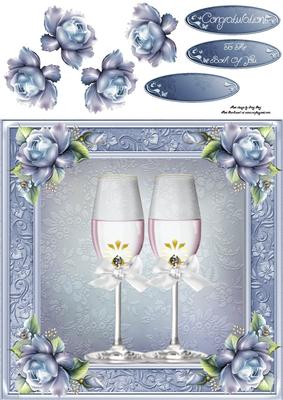 Champagne Glass's with Blue Roses 8x8