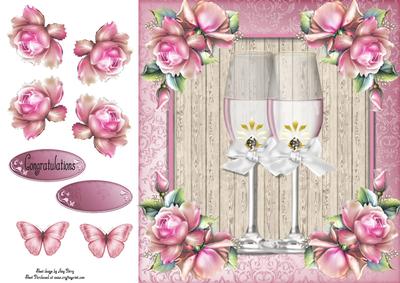 Champagne Glass's with Pink Roses 8x8
