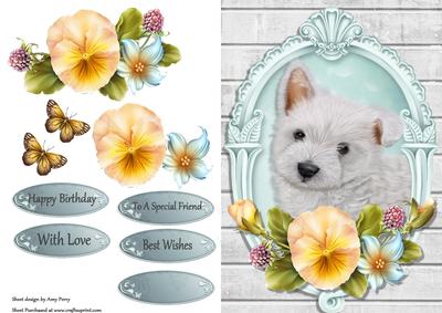 Cute Westie with Yellow Pansys