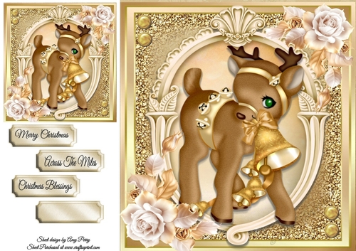 Golden Reindeer With Roses 8x8
