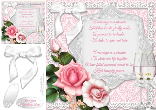 Beautiful Pink Roses & Champagne Glasss 8x8