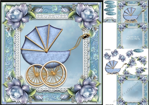 Baby Boy Pram With Roses 8x8 Mini Kit