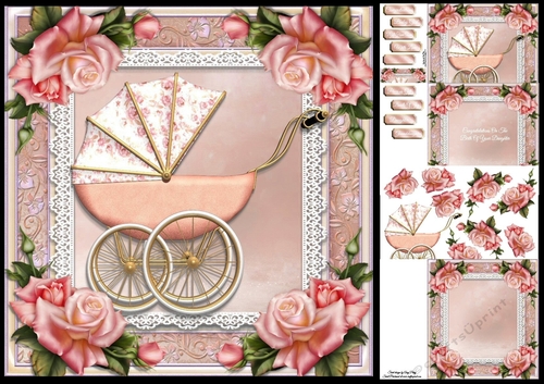 Baby Girl Pram With Roses 8x8 Mini Kit