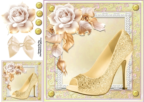 Beautiful Gold Shoe With Cream Rose 8x8