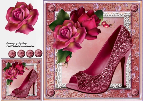 Beautiful Deep Pink Shoe & Roses 8x8