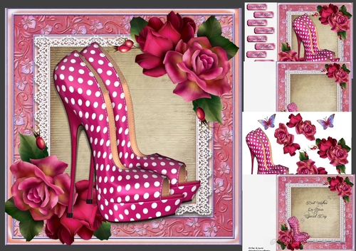 Beautiful Pink Polka Dot Shoes With Pink Roses 8x8