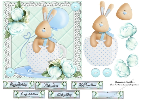 Gorgeous Tea Cup Bunny Blue 7x7
