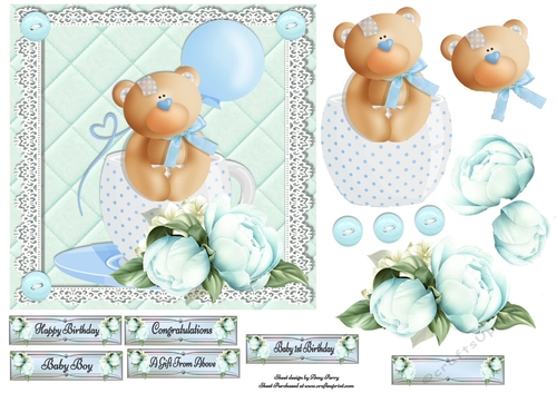 Cute Tea Cup Teddy Bear Blue 7x7