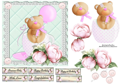 Adorable Tea Cup Bear Pink 7x7