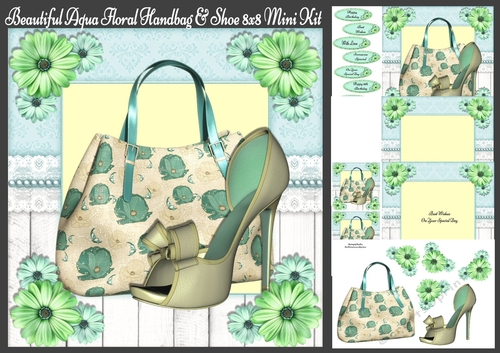 Beautiful Aqua Floral Handbag & Shoe 8x8 Mini Kit`
