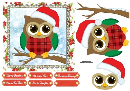 Beautiful Tartan Belly Owl With Santa Hat 7x7