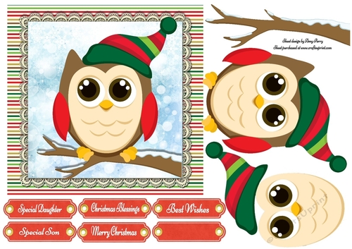 Cute Owl In Green Stripe Hat 7x7