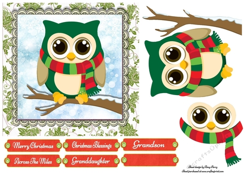 Cute Green Owl With Stripey Scarf 7x7