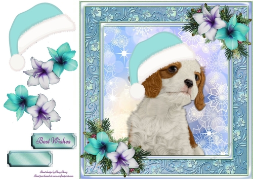Adorable Cavalier With Blue Festive Hat 8x8