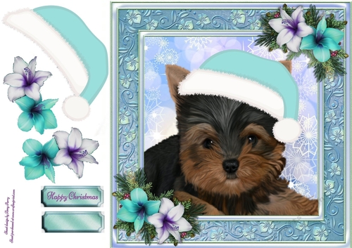 Adorable Yorkshire Terrier With Blue Santa Hat 8x8