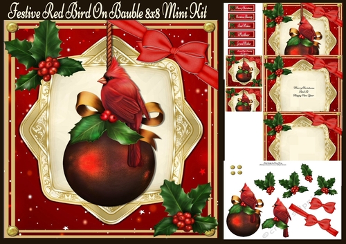 Festive Red Bird On Bauble 8x8 Mini Kit