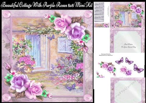 Beautiful Cottage Painting With Purple Roses 8x8 Mini Kit