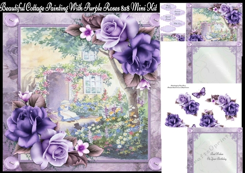 Beautiful Cottage Painting With Purple Roses 8x8 Mini Kit 
