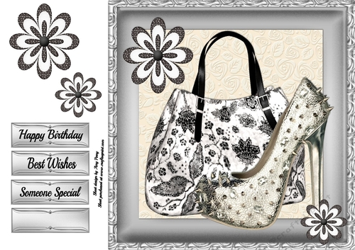 Beautiful Black & White Handbag With Silver Shoe 8x8