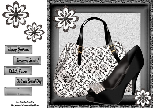 Beautiful Black & White Handbag With Black Satin Shoe 8x8