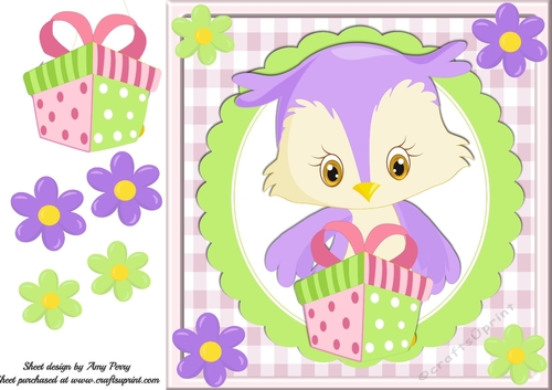 Cute Lilac Owl With Present 8x8