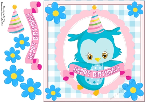 Aqua Owl With Happy Birthday Banner 8x8