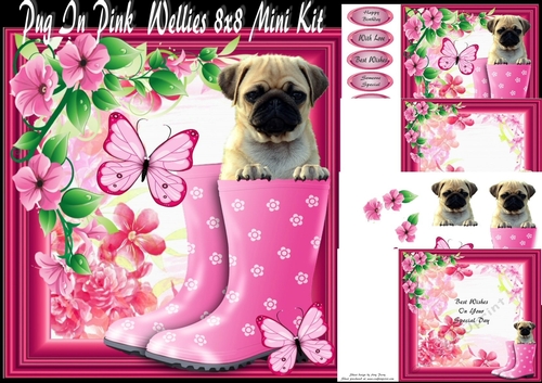 Pug In Pink Wellies 8x8 Mini Kit