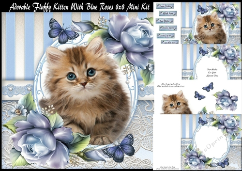 Adorable Fluffy Kitten With Blue Roses 8x8 Mini Kit