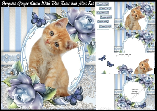 Gorgeous Ginger Kitten With Blue Roses 8x8 Mini Kit