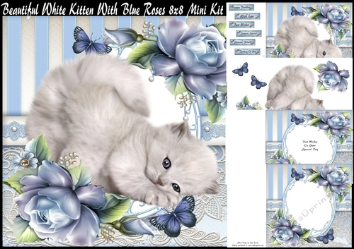 Beautiful White Fluffy Kitten With Blue Roses 8x8 Mini Kit