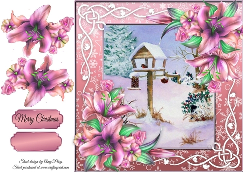Beautiful Christmas Scene With Pink and Purple Lillies 8x8