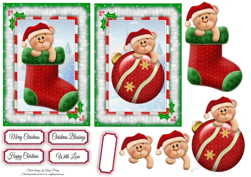 2 6x4 Bear In A Stocking & Bear With a Bauble Toppers