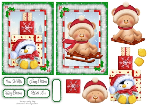 2 6x4 Bear Sledging & Penguin With Christmas Presents Toppers