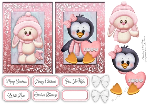 2 6x4 Bunny & Penguin In Pink Toppers